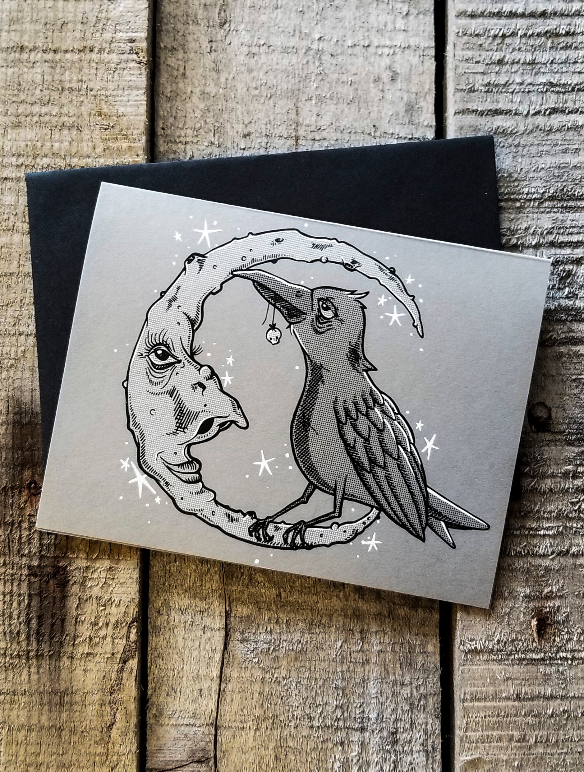 Screen printed greeting card of a raven and the moon by Nicole Thompson aka Nicole Gress
