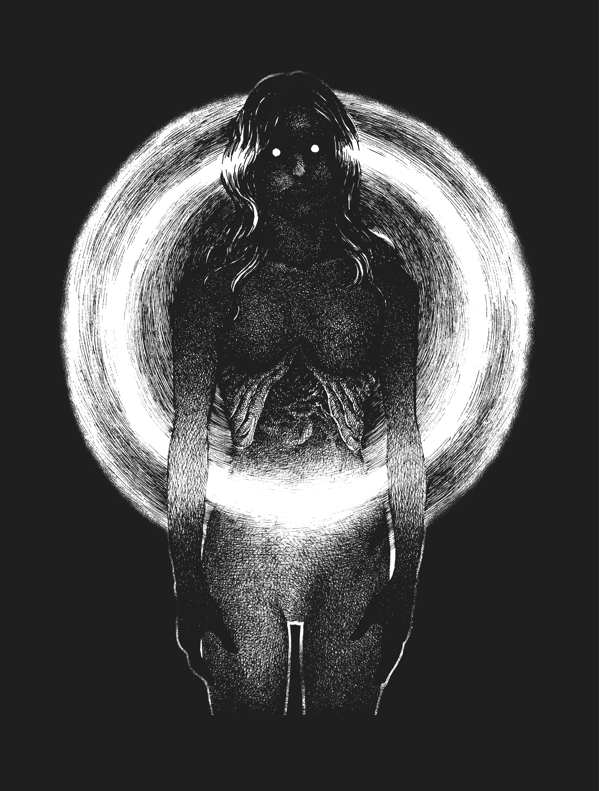 Black & White image by Brandon Stewart of a creepy woman with her chest cavity exposed
