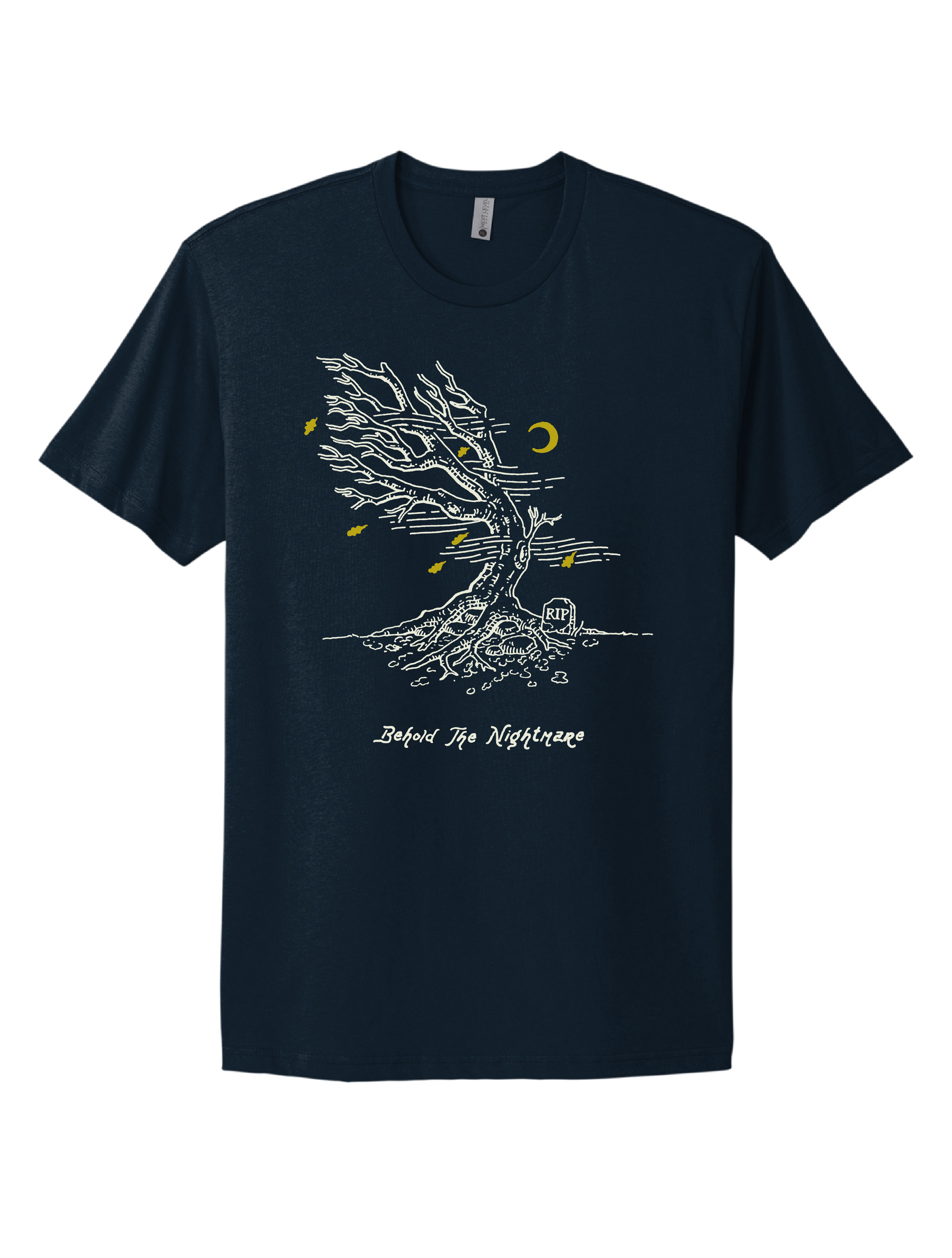 Image of wind blown tree bent with exposed roots, lines are present to indicate wind, a small gravestone is to the side and “Behold the Nightmare” is below in white ink. Yellow leaves and a yellow crescent moon are also present. On navy blue shirt.