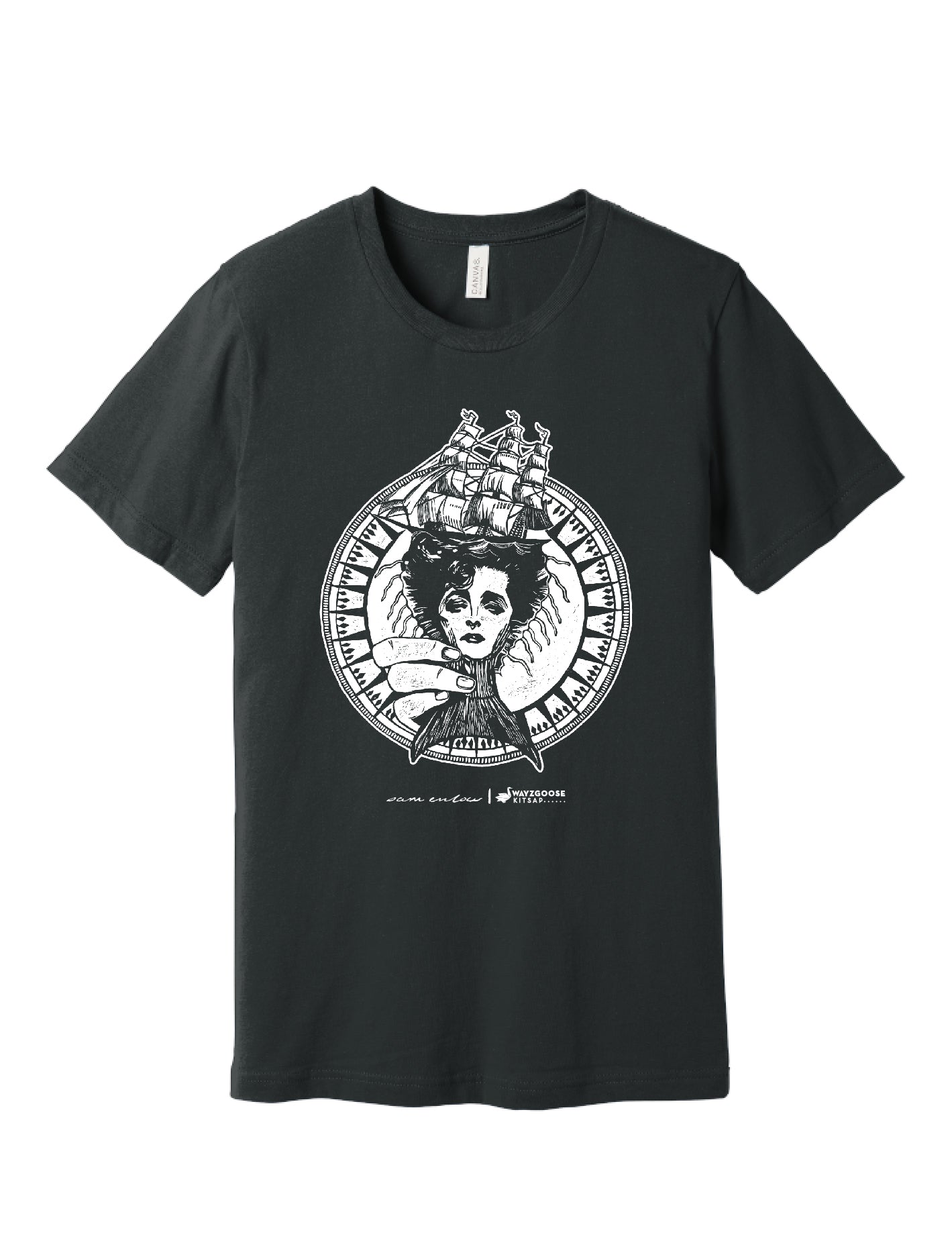 Image of illustration with classical nautical themes in white ink on a grey short sleeve tee. Art by Sam Enlow.